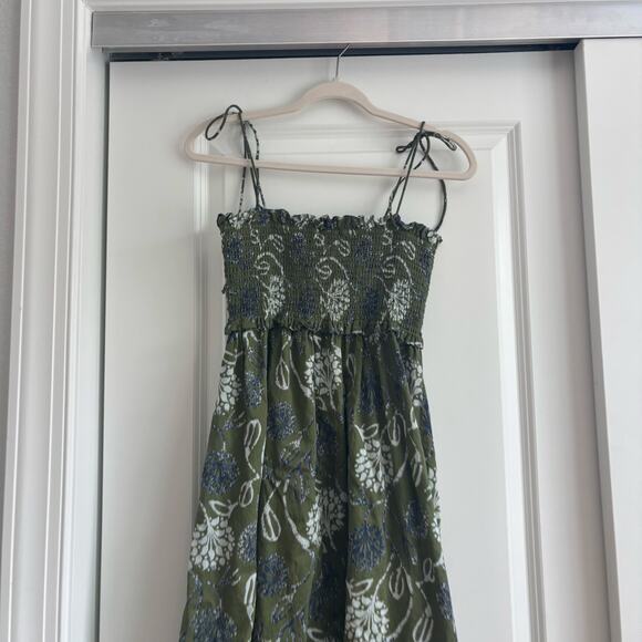 ZARA Green Floral Print Smocked Midi Dress 100% Cotton Tie Straps Size XS - Picture 9 of 14